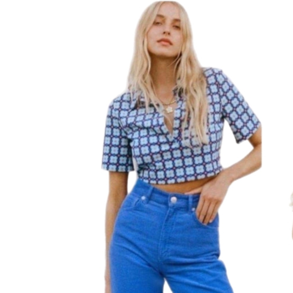Zara Retro Boho Hippie Festival Flower Crop Top NWT Blue and Pink Medium